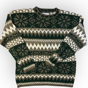 Vintage Holiday Sweater Womens L Snowflake Fair Isle Pullover Green Nature Rose